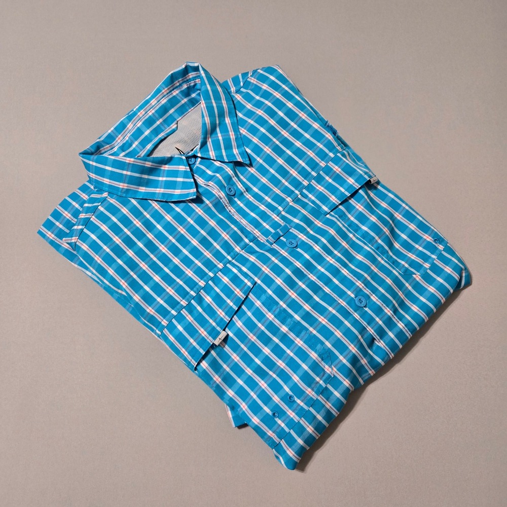 Habit Fish Finder Vivid Blue Plaid Shirt Mens XL Short Sleeve Vented UPF 40+